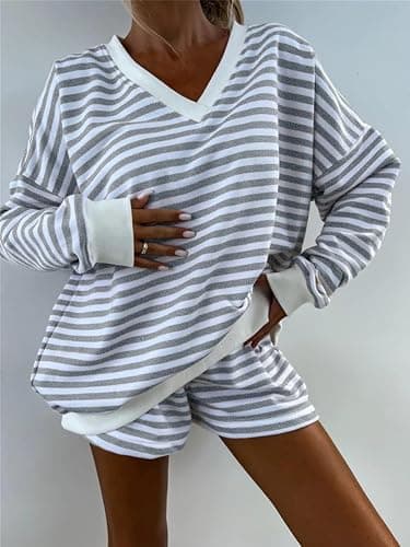 Melliflo Women 2 Piece Outfits Lounge Sets Striped Print Long Sleeve V Neck Sweatshirt and Shorts Set Fall Sweatsuit thumbnail 3