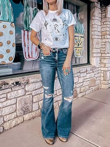Flamingals Women's Bell Bottom Jeans Flared Ripped High Waist Stretchy Distressed Denim Bootcut Jeans thumbnail 5