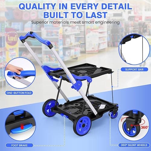 Collapsible Shopping Cart with Wheels Multi use Functional Collapsible Carts Mobile Folding Trolley, Collapsible Hand Truck and Dolly, Grocery Cart with Storage Crate Platform Hand Truck(Blue) thumbnail 7