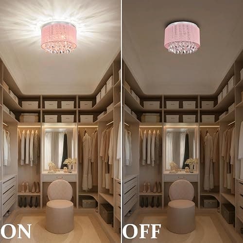 LaLuLa Pink Chandelier Drum Flush Mount Chandelier Crystal Ceiling Light Fixture 3 Light Bedroom Chandelier thumbnail 6