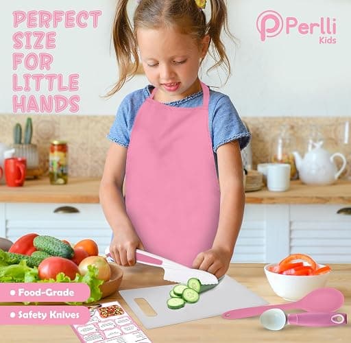 PERLLI Kids Real Cooking and Baking Supplies Gift Set with Case (Pink) | 31 Piece Montessori Junior Chef Kitchen Set with Toddler Utensils, Kids Knife Set for Fine Motor Skills for Children Ages 6+ thumbnail 2