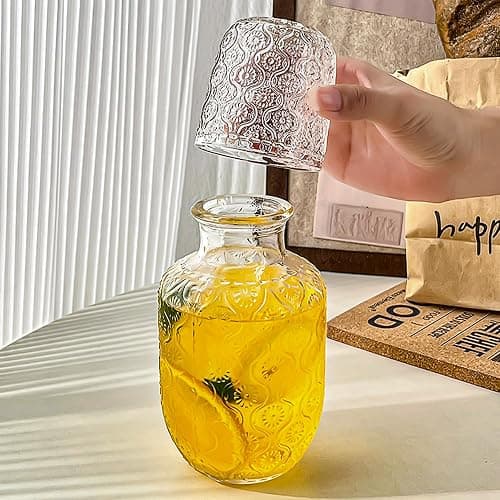 Vintage Bedside Water Carafe and Glass Set for Bedroom Nightstand, Bedside, Ticked Glass Mouthwash Decanter for Bathroom, Water Pitcher Set 18.5 oz thumbnail 6