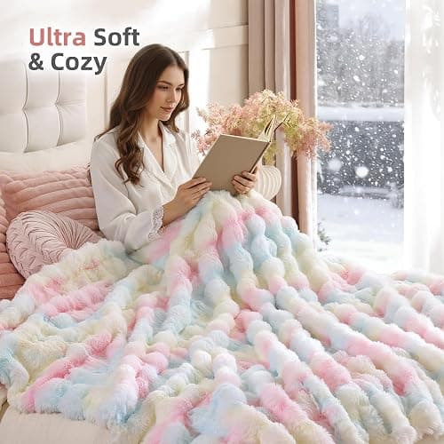 Smoofy Faux Fur Throw Blanket for Couch – Rainbow Fluffy Cozy Rabbit Fleece, Plush Soft Bubble Blanket for Sofa & Bed, for Mom, Warm Fuzzy Home Room Decor Throw 50" x 60" thumbnail 5