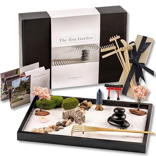 Island Falls Home Zen Garden Kit 11x8 Beautiful Premium Japanese Mini Sand Garden Meditation Gift Set for Home & Office Desk Accessories. Zen Sand, 6 Tools, 15 Features. Mindfulness Gifts Decor Women - Image 1
