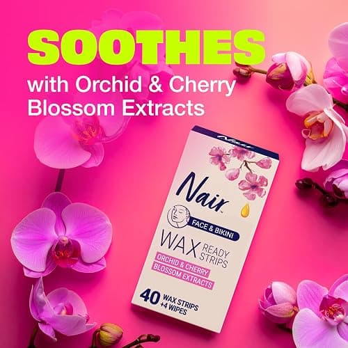 Nair Hair Remover Wax Ready Strips, Face and Bikini Hair Removal Wax Strips, Orchid and Cherry Blossom Extracts, Dermatologist Tested, Plus 4 Non-Flushable Post Wipes, 40 Count thumbnail 4