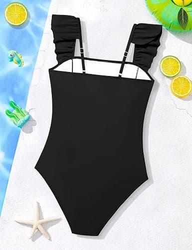 NECIOUS Girls Swimsuit Ruffle Adjustable Straps One Piece Bathing Suit Solid Color Ruched Girls' Swimwear 9-16Y thumbnail 5