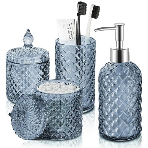 RYTOXILO Blue Bathroom Accessories Set, 4 Pack Light Blue Bathroom Decor Accessory Sets Complete, Diamond Glass Soap Dispenser and Toothbrush Holder Set for Bath Counter Organizer Essentials - Image 1