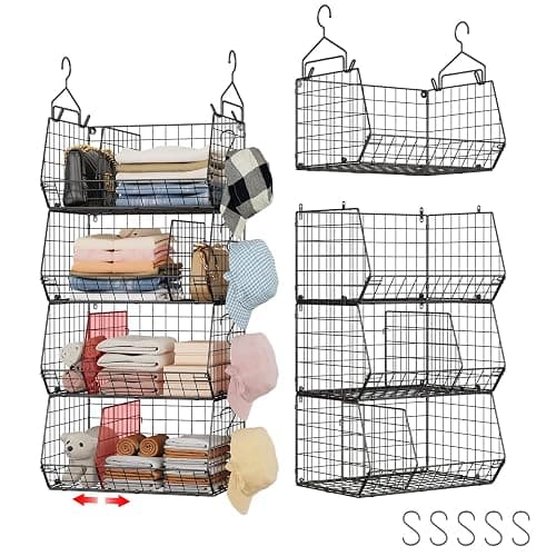 Jautokerdar 4 Tier Hanging Closet Organizer with Dividers,Extra Large Storage Hanging Shelf with 5 S Hooks 4 Dividers,Hang on Wire Closet Shelving Clothes Organizer-Black - Image 1