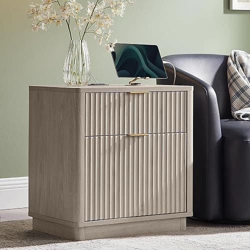 T4TREAM 23'' Fluted Nightstand Set of 2 with Charging Station, Large 2 Drawer Side Table, Modern End Table with Storage, Mid Century Bedside Table for Bedroom, Living Room, Curved Profile, White Alder thumbnail 2