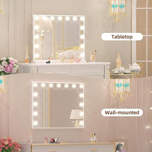 FENCHILIN Vanity Mirror with Lights and Bluetooth Speaker 22.8"x 18.1" Makeup Mirror Lighted Hollywood Mirror with 15 Dimmable LED Bulbs USB Charge Port, 3 Color Lighting Modes thumbnail 7