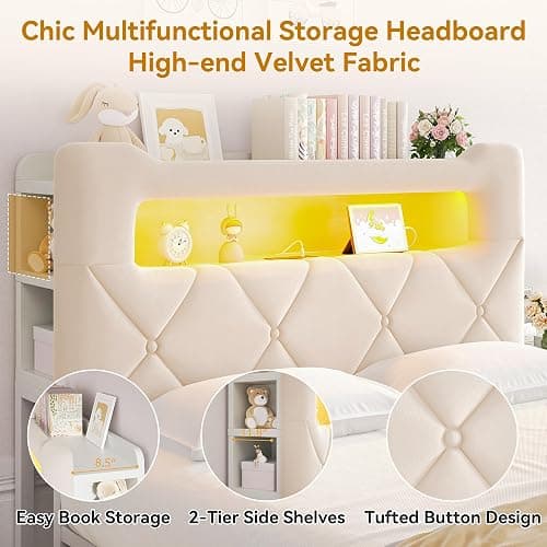 Full Upholstered LED Bed Frame with 2 Storage Drawers and 2-Tier Storage Headboard, Velvet Princess Platform Bed with Charging Station & Bookcase,Heavy Duty Metal Support,No Box Spring Needed,Beige thumbnail 5