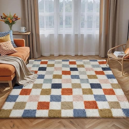 PureCozy Checkered Rug 5x7 for Living Room, Modern Rainbow Shag Rug Super Soft Washable Indoor Fuzzy Carpet Non-Slip Fluffy Rugs for Bedroom Home Aesthetic Decor thumbnail 4