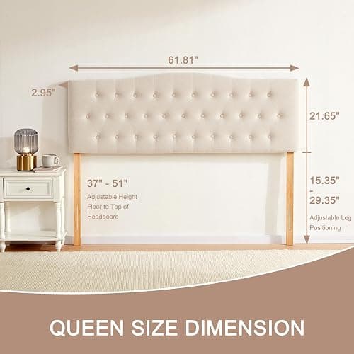 Huatean Home Tufted Upholstered Headboard Queen Size, Sturdy and Durable Solid Wood Bed headboard, Fabric Headboard Adjustable Height from 37” to 51”, Modern Button Diamond Design Head Board, Beige thumbnail 2