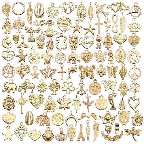 100Pcs Charms for Jewellery Making,Gold Charms for Crafting,Bulk Vintage-Inspired Jewelry Charm Set,Mixed Enamel Pendants for Bracelet Making,Necklace DIY,Earrings&Bag Accessories Craft Party Supplies - Image 1