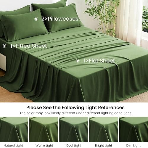 Love's cabin 4 Piece Full Size Sheet Set, 100% Rayon Derived from Bamboo, Cooling & Breathable, Soft Silky Deep Pocket up to 16", Hotel Luxury Bedding for Hot Sleepers, Olive Green thumbnail 7