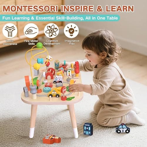 Wooden Montessori Activity Table for Toddlers, Baby Busy Table with Bead Maze, Shape Sorter, Cars & Road Signs, Traffic Learning Activity Center Sensory Toys for Birthday Gift Boys Girls 1+ Year Old thumbnail 4