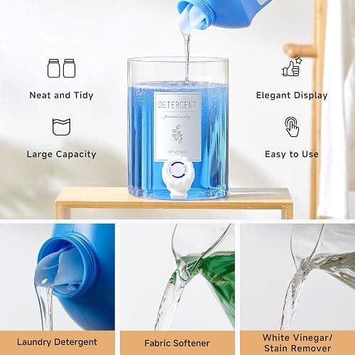 Glass Laundry Detergent Dispenser with Shelf & Bamboo Lid - 120 Oz Liquid Detergent, Laundry Soap & Fabric Softener Dispenser for Laundry Room Organization and Storage with 2 Cups & 8 Labels thumbnail 7