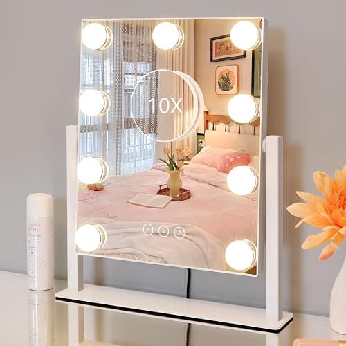 Vanity Mirror with Lights,Lighted Vanity Mirror with 9 Dimmable Bulbs for Dressing Room & Bedroom,3 Color Lighting,Modes Detachable 10x Magnification 360°Ratation(White) thumbnail 5