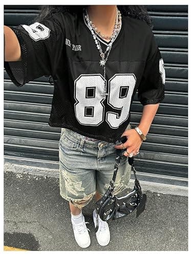 RoseSeek Girl's Jersey Shirts Number Graphic Tees Half Sleeve Hip Hop Y2k Crop Tops Football Jersey thumbnail 5