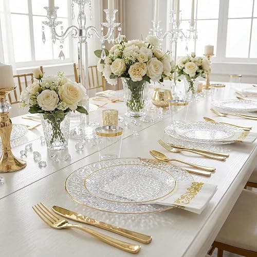 Rubtlamp 350 Pcs Clear Gold Plastic Plates, Hammered Disposable Dinnerware, Clear-Gold Plates Set Include 100 Plastic Platos, 150 Gold Disposable Silverware, 50 Cups And 50 Napkins for Party thumbnail 7