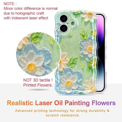 EYZUTAK Case for iPhone 17, Colorful Retro Oil Painting Flower Laser Glossy Pattern Cute Curly Wave Edge Exquisite Phone Cover Stylish Durable TPU Protective Case for Girl Women - Blue White thumbnail 2