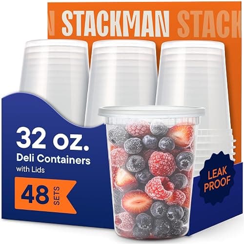 Stack Man 32 oz Deli Containers with Lids (48 Sets) – Quart Clear Plastic Food Storage Containers, Airtight Leak-Resistant Seal, BPA-Free, Microwave & Freezer Safe, Meal Prep Soup Takeout to-Go - Image 1