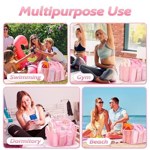 famichan Mesh Shower Caddy Portable with Drawstring, Dorm Room Essentials for College Students Girls, Large Shower Bag for Camping,Swimming,Gym,Travel,Bathroom - Pink thumbnail 7
