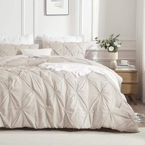 Andency Beige Comforters Queen Size, 3 Pieces Cream Bedding Set & Collections for Women Men, All Season Soft Fluffy Lightweight Pinch Pleat Bed Comforter Set (90x90Inch) - Image 1