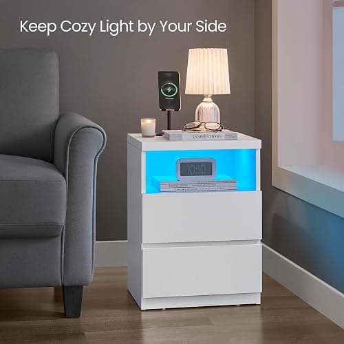 VASAGLE Nightstand with Adjustable LED Light, Bedside Table with Drawers, Side Table, for Bedroom, Modern Minimalist Style, White ULET634T14 thumbnail 4