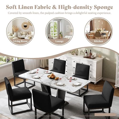 Jocisland Mid Century Linen Dining Chairs Set of 6, Modern Upholstered Dinner Chairs with Metal Frame for Restaurant, Dining Room, Kitchen, Black Padded Chairs thumbnail 5