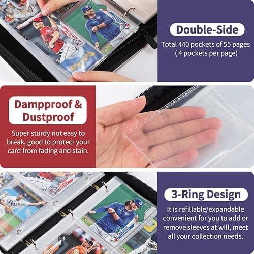 Baseball Card Binder with Sleeves 440 Pockets, Gifts for Baseball Card Collectors, Trading Card Holder Compatible with Topps Card, 55 Sleeves Card Album Card Storage Organizer thumbnail 5