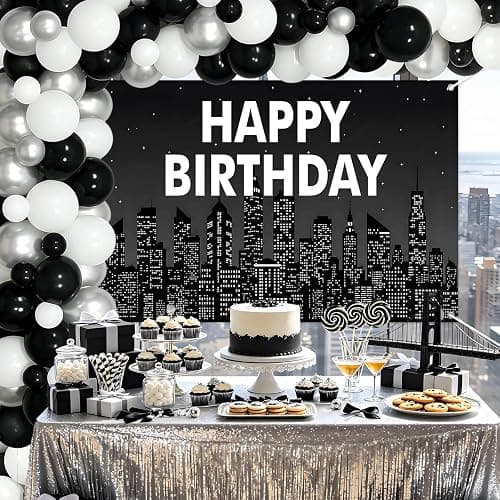 Cheerupp Black NYC Skyline Theme Happy Birthday Decorations Set | New York City Themed, NYC Skyscraper Design, Vinyl Backdrop, DIY Balloon Garland Kit, for Bday Party Decor thumbnail 4