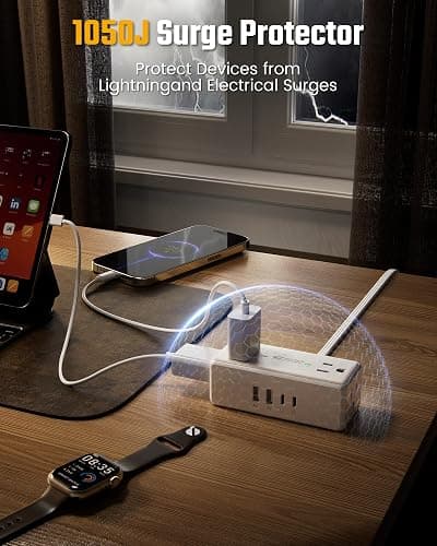 6 Ft Flat Plug Extension Cord with Multiple Outlets, SUPERDANNY Surge Protector Power Bar with 4 Outlets & 4 USB Ports (2 USB C), Small Outlet Extender for Home, Office Supplies, Dorm, Travel, White thumbnail 6