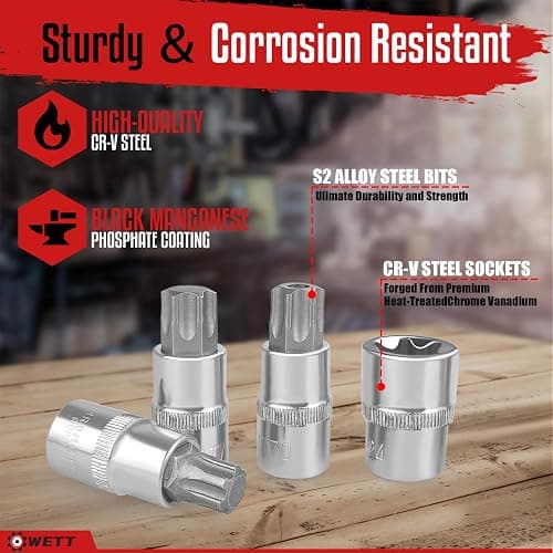 WETT Master Torx Bit Socket and External Torx Socket Set, 60-Piece 1/4", 3/8", 1/2" Drive E-Torx Sockets (E4-E24, T6-T70, TT6-TT70, TP8-TP60), S2 and CR-V Steel thumbnail 6