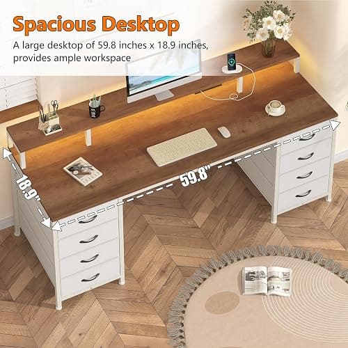 60" Computer Desk with 8 Drawers & Monitor Stand for Home Office, Bedroom | Gaming Desk with LED Lights & Power Outlets, Home Office Desk with 8 Fabric Drawers, Brown & White thumbnail 6