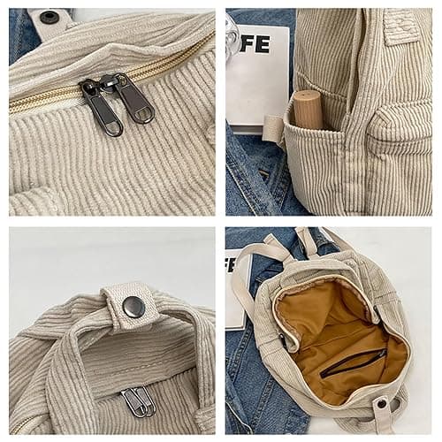 Makukke Small Corduroy Backpack Purse for Women - Vintage Mini Fashion Casual Aesthetic Backpack, Beige thumbnail 5