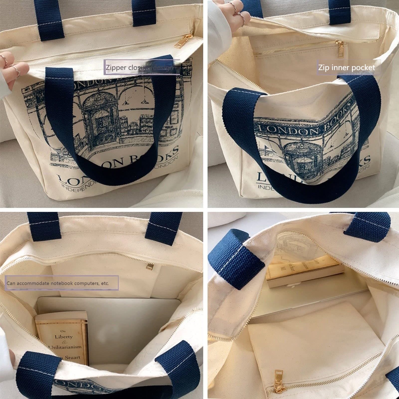 BXCNCKD Vintage London Bookstore Canvas Bag Women's One Shoulder Tote Bag Large Capacity Shopping Bag, Beige, Large thumbnail 3