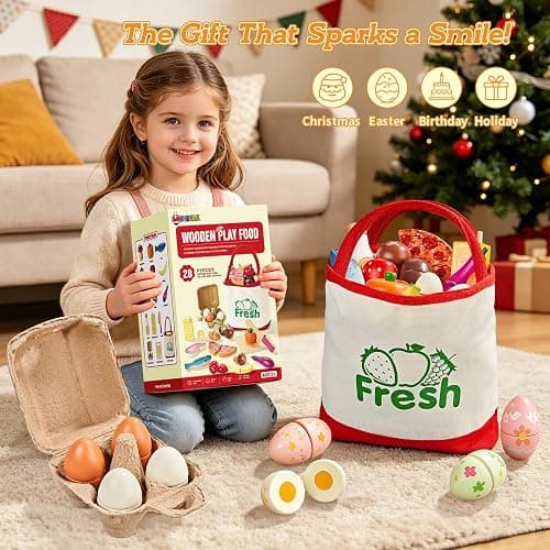 LAUGIGLE Wooden Play Food Sets for Kids Kitchen, Montessori Toy Food with Pizza Toy, Easter Eggs, Pretend Food Play Kitchen Accessories, Cutting Fake Food with Canvas Tote Bag, Birthday Christmas Gift thumbnail 7