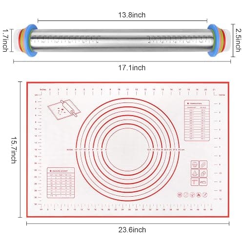 Rolling Pin with Thickness Rings and Red Silicone Baking Mat, Adjustable Stainless Steel Rolling Pins for Pasta or Sugar Decorating Cookies, Bread Making Tools Fondant Roller for Dough, Dumpling thumbnail 2