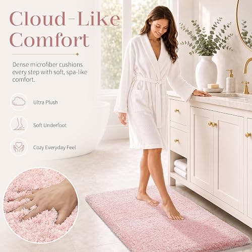 Yimobra Light Pink and White Bathroom Rugs Non Slip Washable, Ultra Soft and Water Absorbent Bath Mats, Plush Fluffy Shower Mat Outside, Microfiber Thick Matts for Bathroom Floor/Sink, 24x17 thumbnail 3