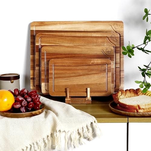 Acacia Wood Cutting Board Set of 4 with Stand, Wooden Chopping Boards with Food Icons for Kitchen, Charcuterie Board for Meat, Vegetables, Fruits, Cheese thumbnail 2