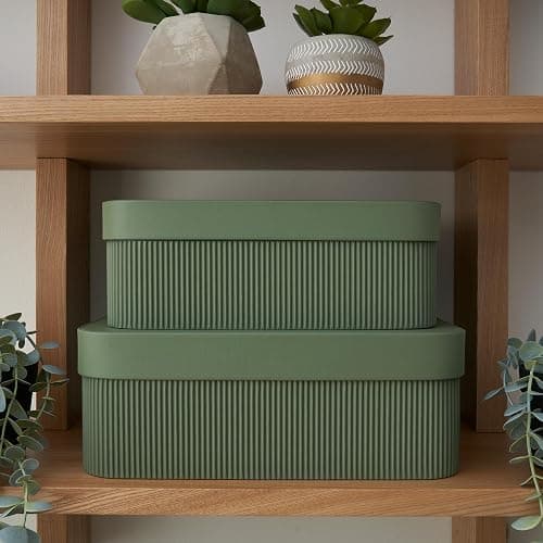Decorative Storage Boxes with Lids – Set of 2 Beautiful Fluted Cardboard Organizer Bins for Your Home Bookshelf Decor to Safely Store Your Documents, Memory Box Items and Other Keepsakes in Style thumbnail 7