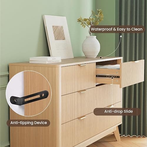 SUNWAVE 6 Drawer Dresser for Bedroom, 49.6" Wide Modern Fluted Dresser with Round Corner, Wood Chest of Drawers for Living Room (Oak) thumbnail 6