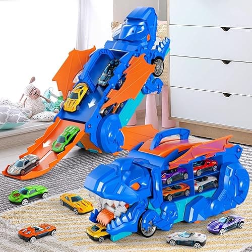 iHaHa Toddler Truck Toys for 3 4 5 6 Years Old Boys, Toys Cars Track Set Dinosaur Transporter Truck with 10 Die-Cast Car Toys, Transforms into Dino, Toddler Car Toys Set for Kids Boys Girls - Blue Dinosaur Truck thumbnail 2