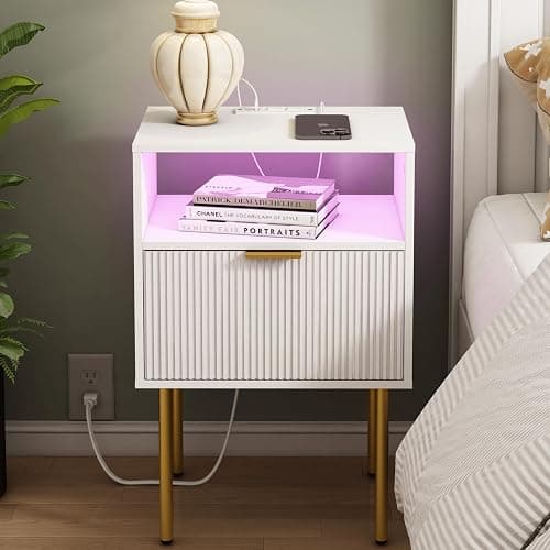 Modern Nightstand with Charging Station and LED Lights, White Bedside Table with Drawer, Fluted Side Table for Living Room, Bedroom - Image 1