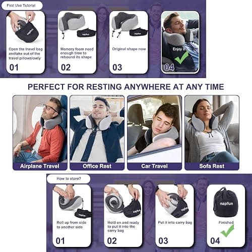 napfun Neck Pillow for Traveling, Upgraded Travel Neck Pillow for Airplane 100% Pure Memory Foam Travel Pillow for Flight Headrest Sleep, Portable Plane Accessories, Light Grey thumbnail 5