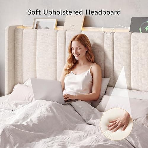 Queen Size Headboard with LED Light & Charging Station, Off White Linen | Wingback Upholstered Headboard Queen, Vertical Channel Stitched Head Board, High-Density Sponge Padding, 2 Storage Pockets thumbnail 4