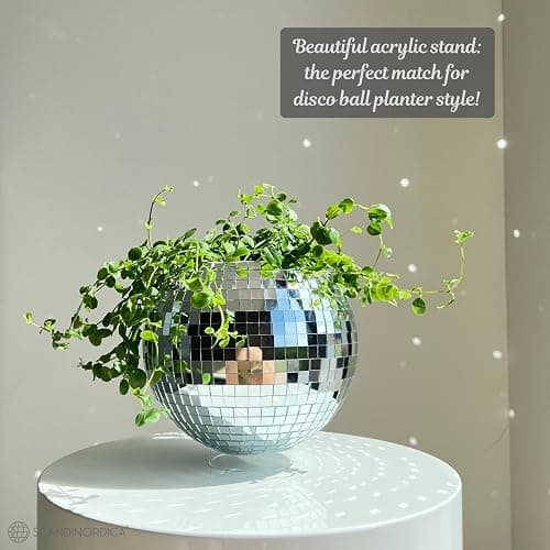 SCANDINORDICA Disco Ball Planter – Value Package: Disco Planter with Chain, Macrame Hanger and Acrylic Stand, Includes Self Watering Insert, Preppy Room Decor, Funky Decor | 8 inch Silver thumbnail 6