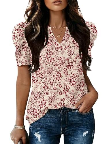 LOMON Spring Summer Tops for Women 2026 V Neck Puff Short Sleeve Tops Fashion Trendy Work Blouses Dressy Casual S-XXL - Image 1