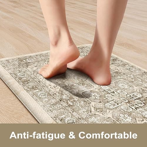 KIMODE Anti Fatigue Kitchen Mats 2 PCS 17"x47"+17"x29", Boho Kitchen Rugs and Mats, Non Slip Cushioned Kitchen Mats for Floor, Waterproof Kitchen Floor Mats for Laundry, Office, Sink, Khaki - 17.3" x 47"+17.3" x 29"--0.47 inches - Khaki/Multi thumbnail 3